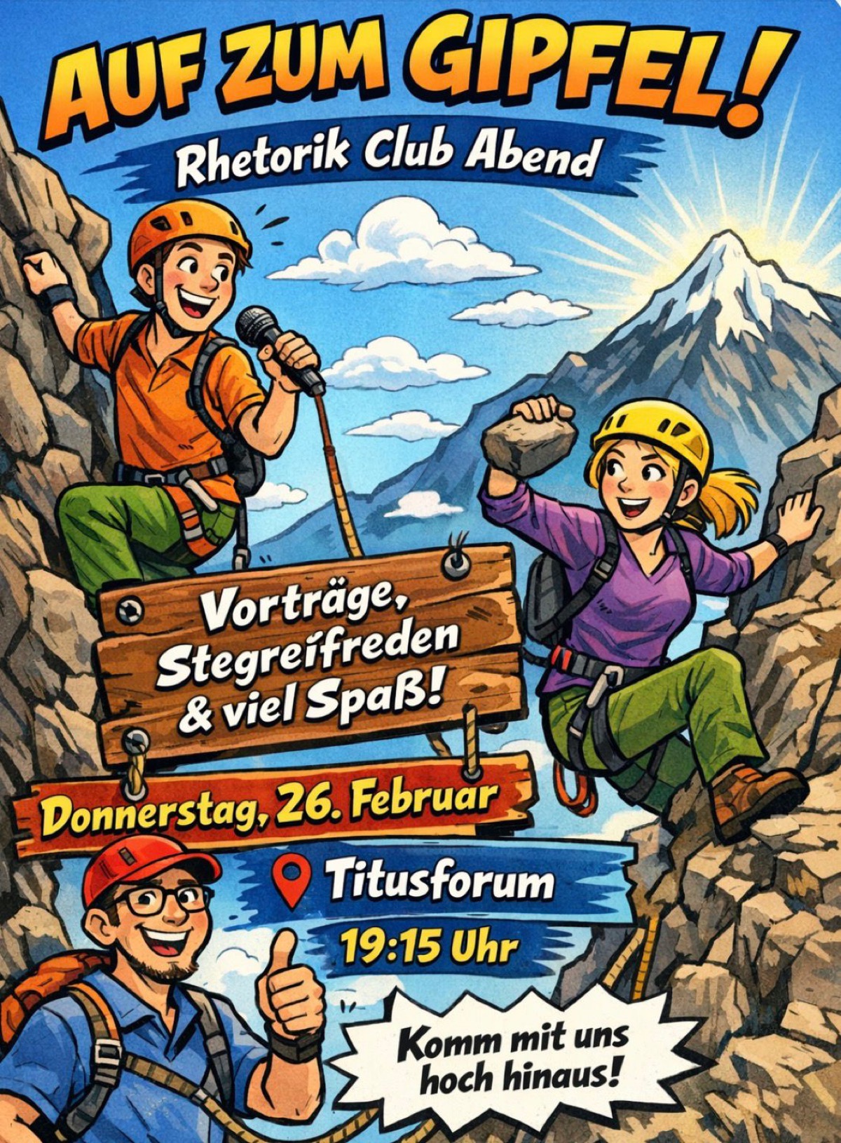 Comic-Illustration fröhlicher Bergsteiger:innen mit Mikrofon und Kletterausrüstung vor Alpenpanorama