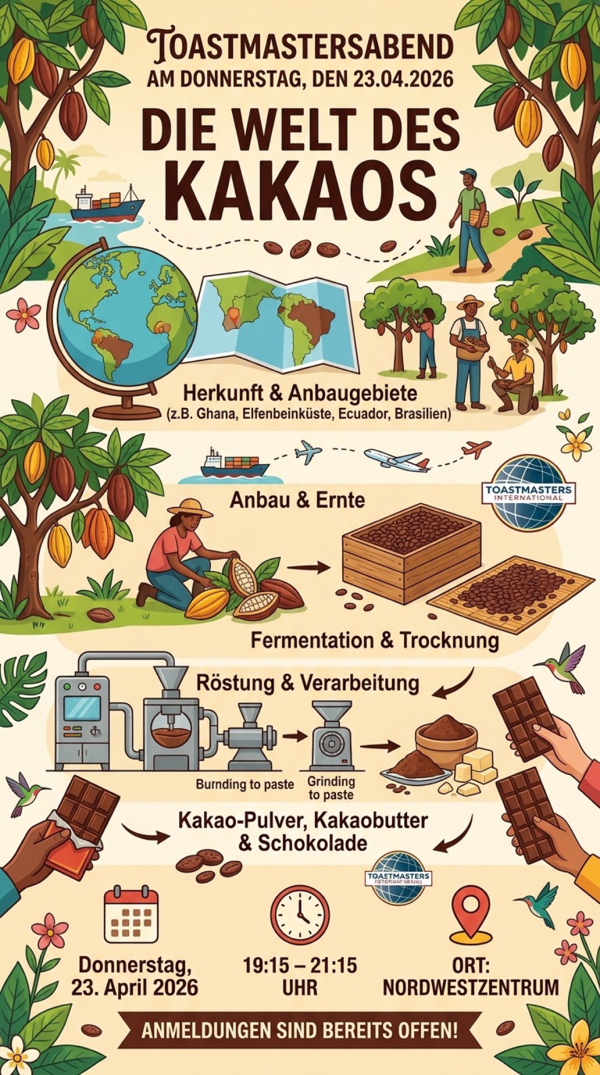 Illustrierte Infografik mit Kakaobohne, Weltkarte und Produktionsschritten von der Frucht zur Schokolade