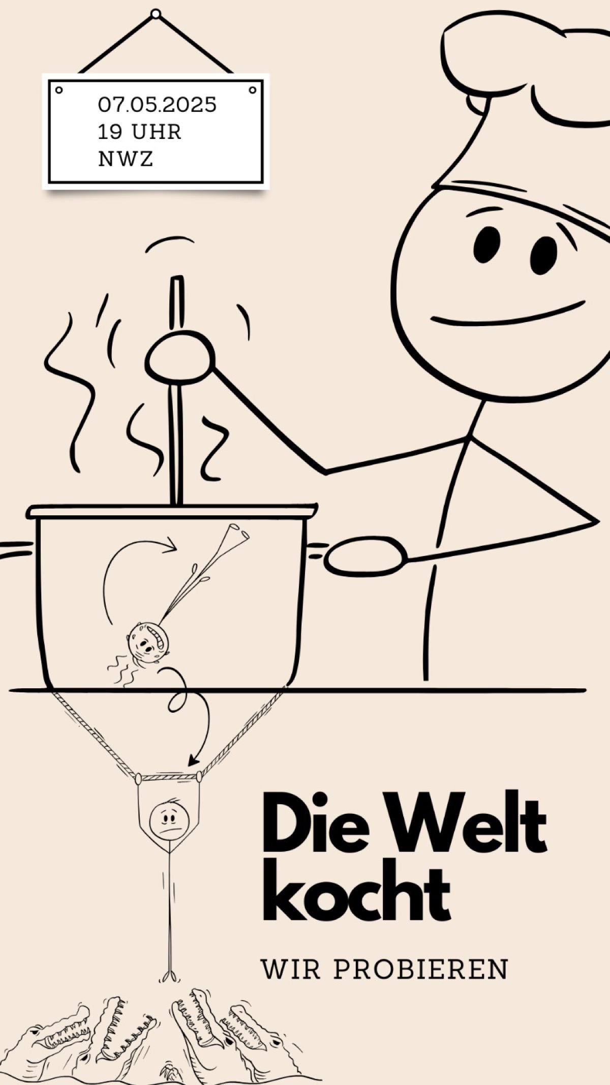 Strichmännchen-Cartoon eines Kochs, der eine Figur am Seil aus einem dampfenden Topf rettet