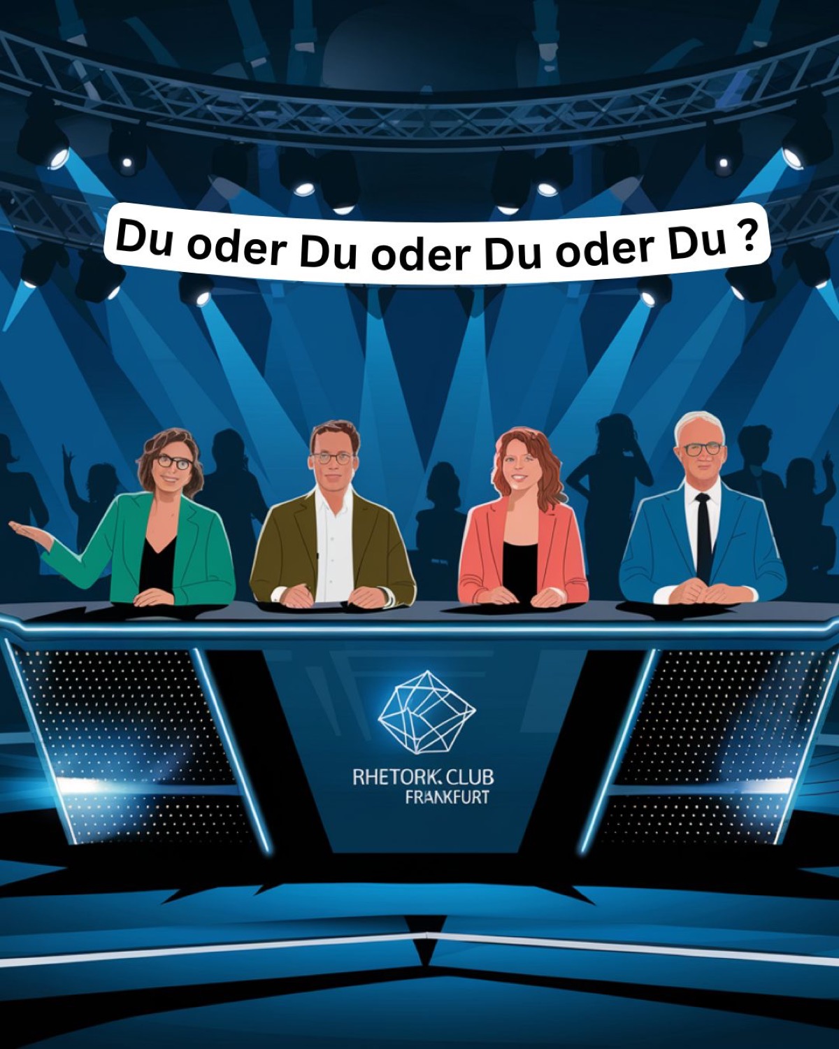 Comic-Illustration einer Quiz-Show-Jury mit vier Panelmitgliedern, blaue Bühnenbeleuchtung
