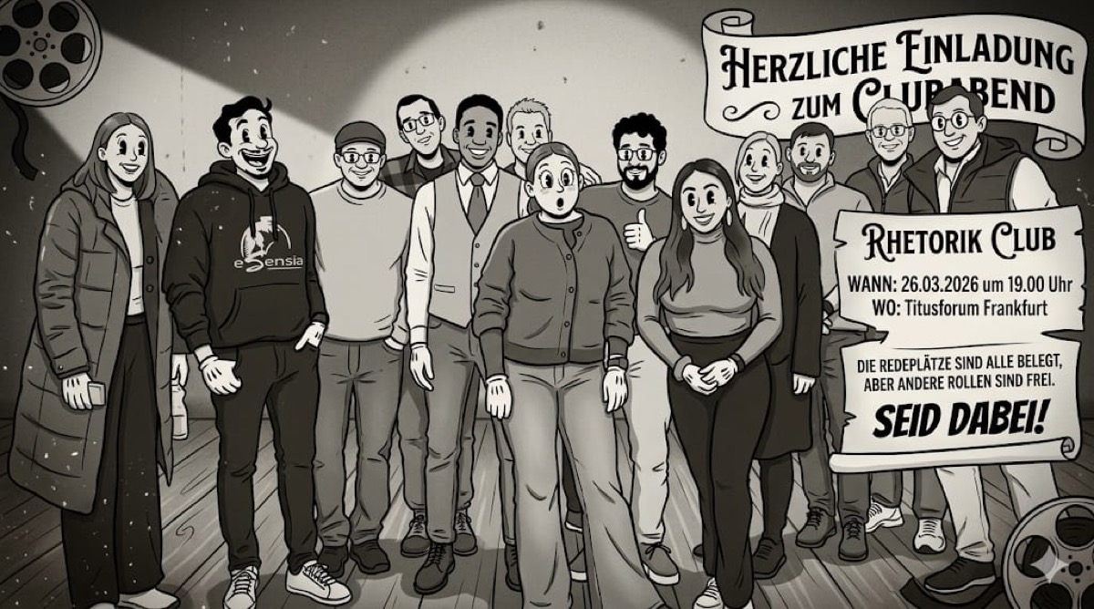 Schwarz-weiße Illustration eines lächelnden Ensembles auf einer Bühne, flankiert von Filmrollen