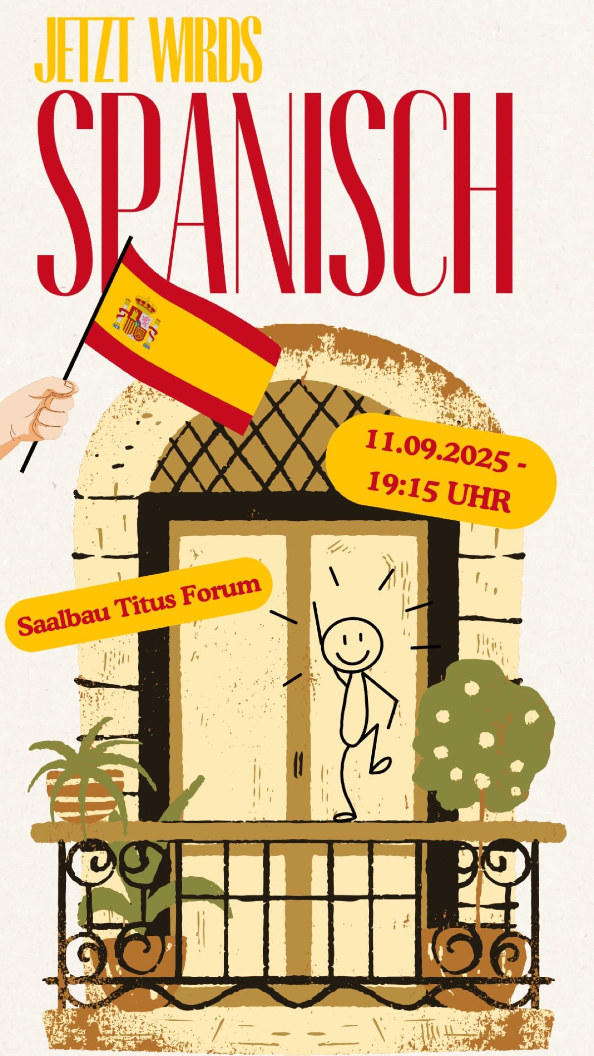 Illustration eines Strichmännchens auf einem Balkon mit spanischer Flagge, warme Erdtöne