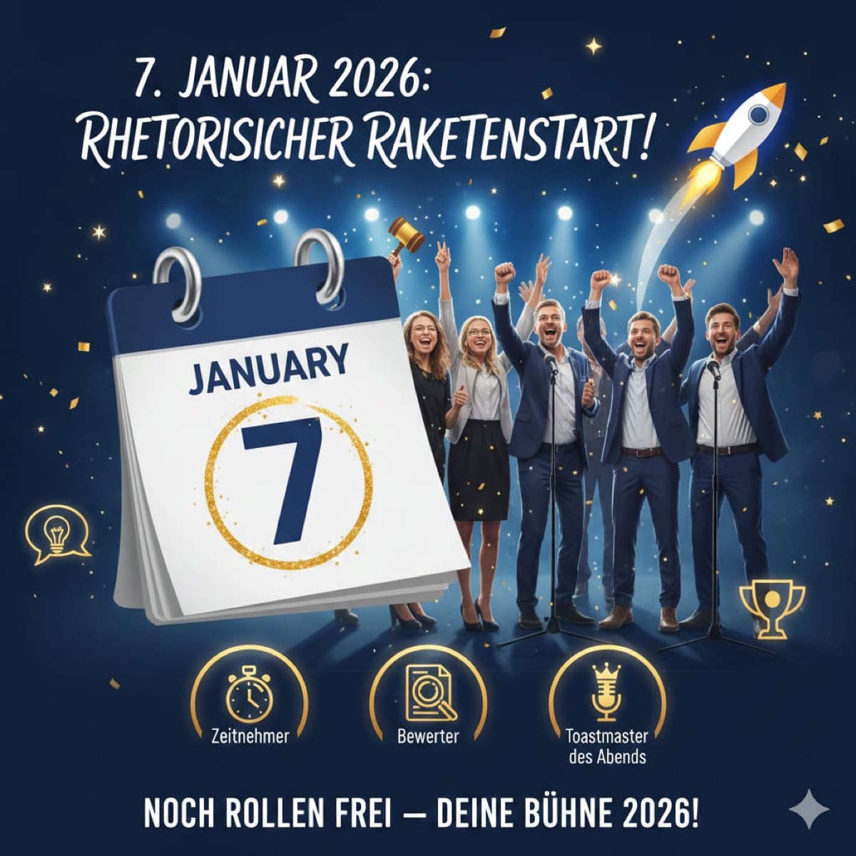 Festliches Plakatmotiv mit großem Kalenderblatt und startender Rakete, Goldfarben und Konfetti