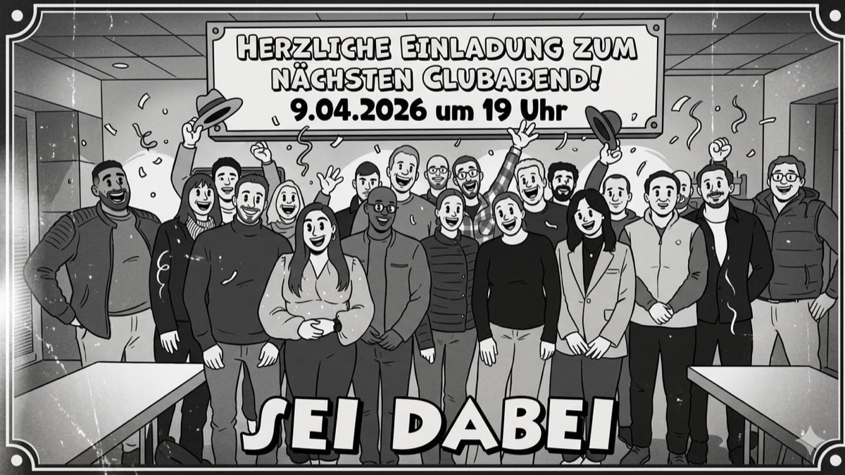 Schwarz-weiße Cartoon-Illustration einer fröhlichen Gruppe, die eine Einladungsbanner hält