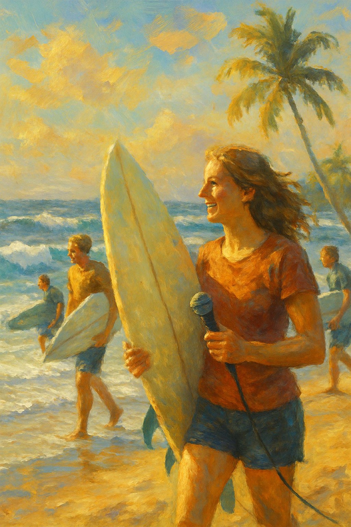 Impressionistische Ölmalerei einer Person mit Surfbrett und Mikrofon am Strand bei Sonnenuntergang