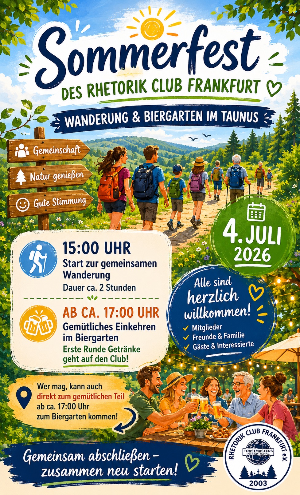 Illustrierter Sommerfest-Flyer: Wandergruppe auf einem Waldweg im Taunus und Biergarten-Szene; Eckdaten Samstag 4. Juli 2026, 15:00 Uhr
