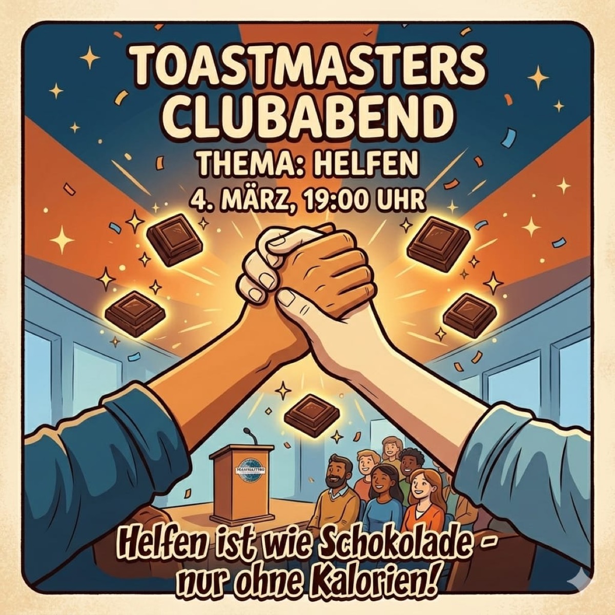 Cartoon-Illustration zweier Hände im Handschlag, umgeben von Schokoladenstücken