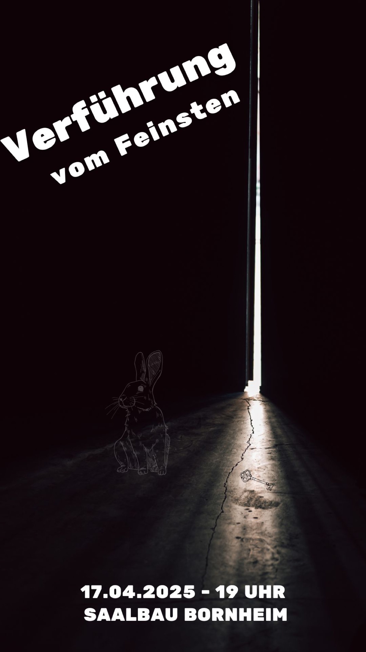 Minimalistisches Motiv eines dunklen Gangs mit Lichtspalt, skizziertem Hasen und goldenem Schlüssel