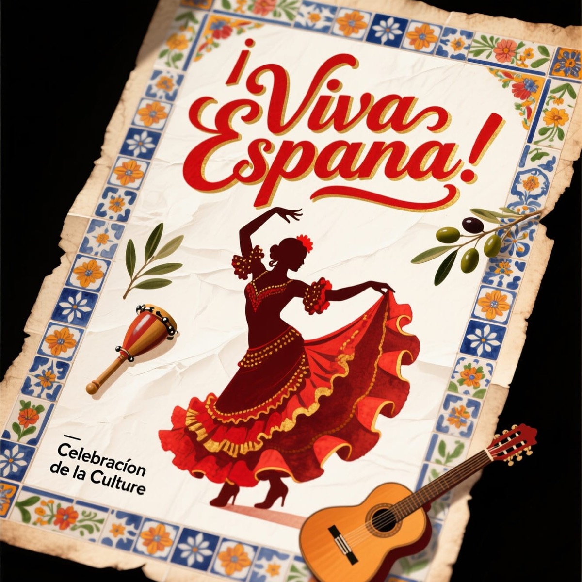 Plakat im Vintage-Stil mit Flamenco-Tänzerin, Gitarre, Kastagnette und andalusischen Kacheln