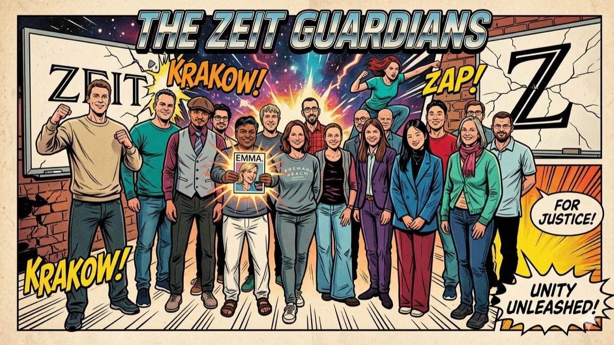 Comic-Illustration im Superhelden-Stil, Ensemble posiert heroisch vor farbiger Energieexplosion